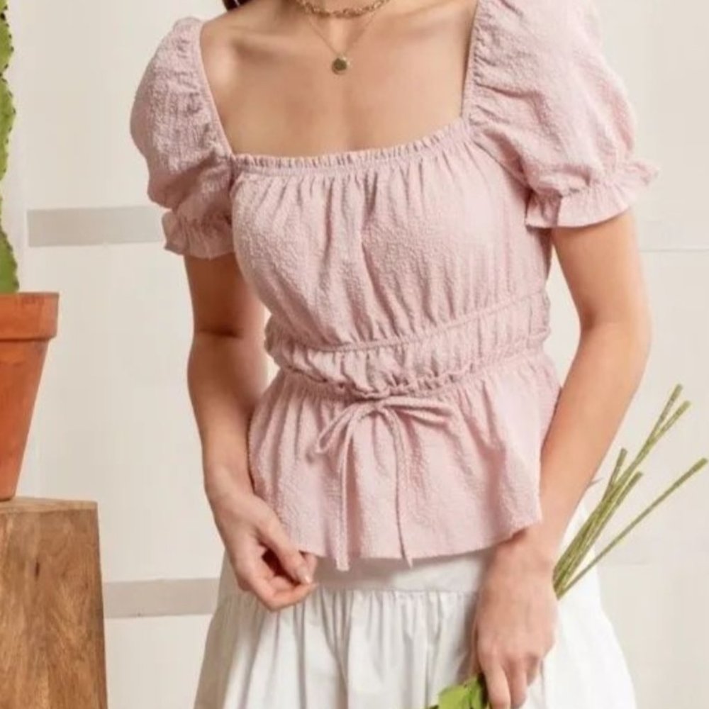 Blouse with shirred sleeves tie waist ruched